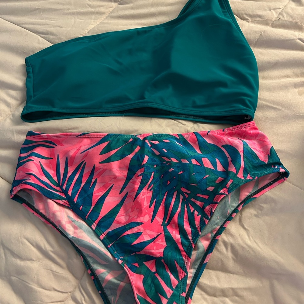 One-Shoulder Teal and Pink Leaf Print Bikini